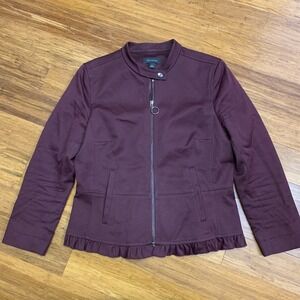 Ann Taylor Burgundy Ruffle Hem Moto‎ Jacket Full Zip Womens Size 8 Fall Casual